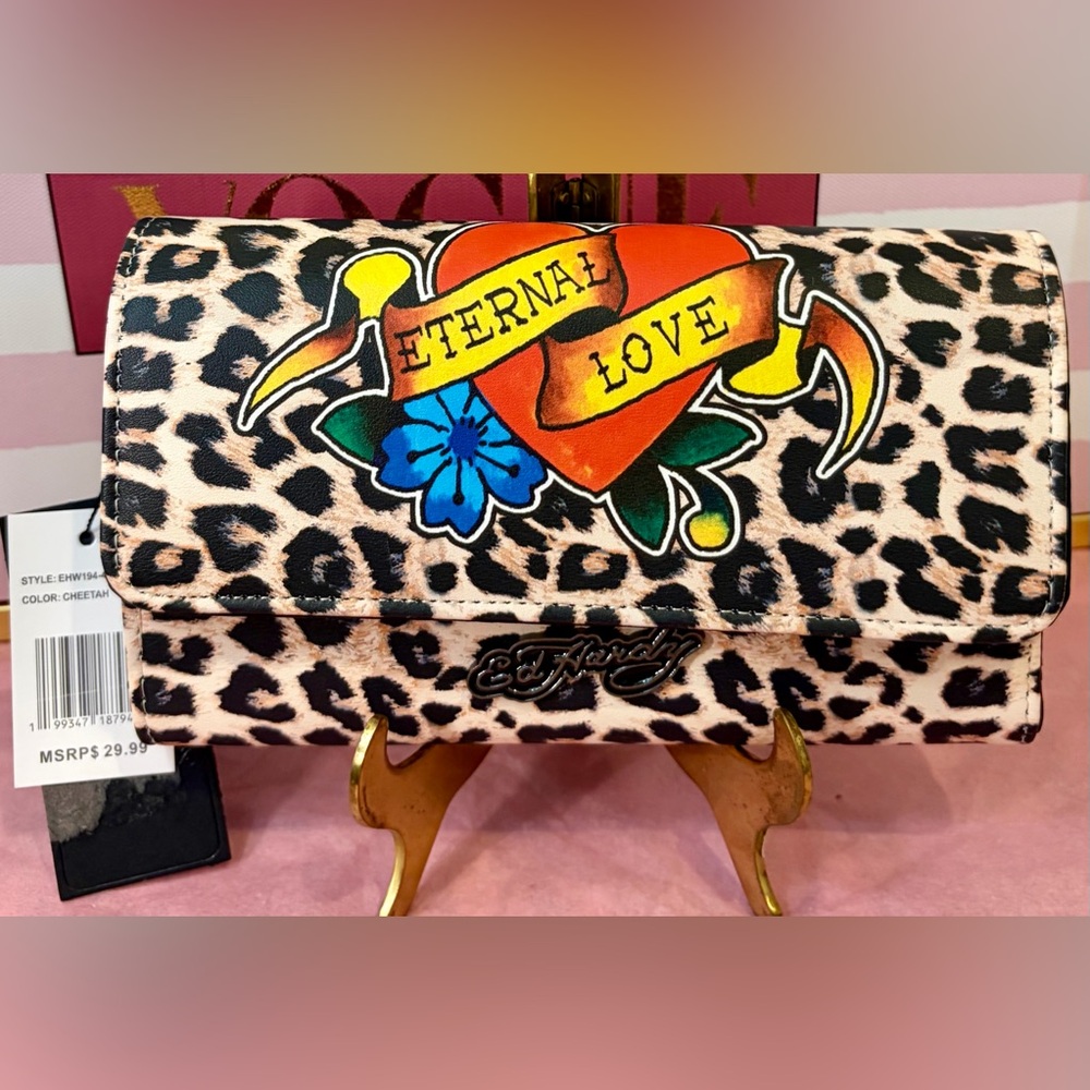 ED HARDY Leopard Print 'Eternal Love' Clutch/Wallet/1 gold-tone/1 gunmetal chain
